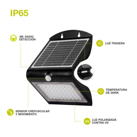 Aplique solar LED Lukulu c/sensor movimiento 4W Negro GSC