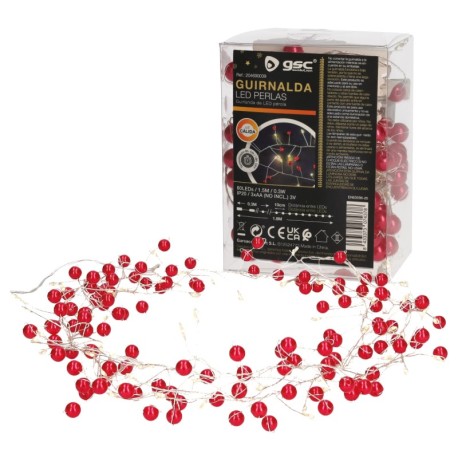 Guirnalda LED perlas rojas 1.5m 3xAA luz cálida GSC